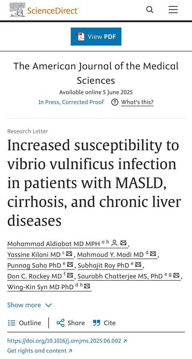 Mohammad Aldiabat, MD (@drdiabat) on Twitter photo ๐ฅ Hot off the press!
Check out our latest study in The American Journal of the Medical Sciences:
โ Risk of Vibrio vulnificus in MASLD, cirrhosis & CLD
shorturl.at/oXPnU
Thanks to the amazing team <a href="/SLUgastro/">SLU Gastroenterology & Hepatology</a>, <a href="/DDCMUSC/">Digestive Health</a>, <a href="/UCIrvine/">UC Irvine</a> ๐
<a href="/MahMadi90/">Mahmoud Y Madi</a> <a href="/YasKL88/">Yassine Kilani, MD</a> ๐ฅ Hot off the press!
Check out our latest study in The American Journal of the Medical Sciences:
โ Risk of Vibrio vulnificus in MASLD, cirrhosis & CLD
shorturl.at/oXPnU
Thanks to the amazing team <a href="/SLUgastro/">SLU Gastroenterology & Hepatology</a>, <a href="/DDCMUSC/">Digestive Health</a>, <a href="/UCIrvine/">UC Irvine</a> ๐
<a href="/MahMadi90/">Mahmoud Y Madi</a> <a href="/YasKL88/">Yassine Kilani, MD</a>