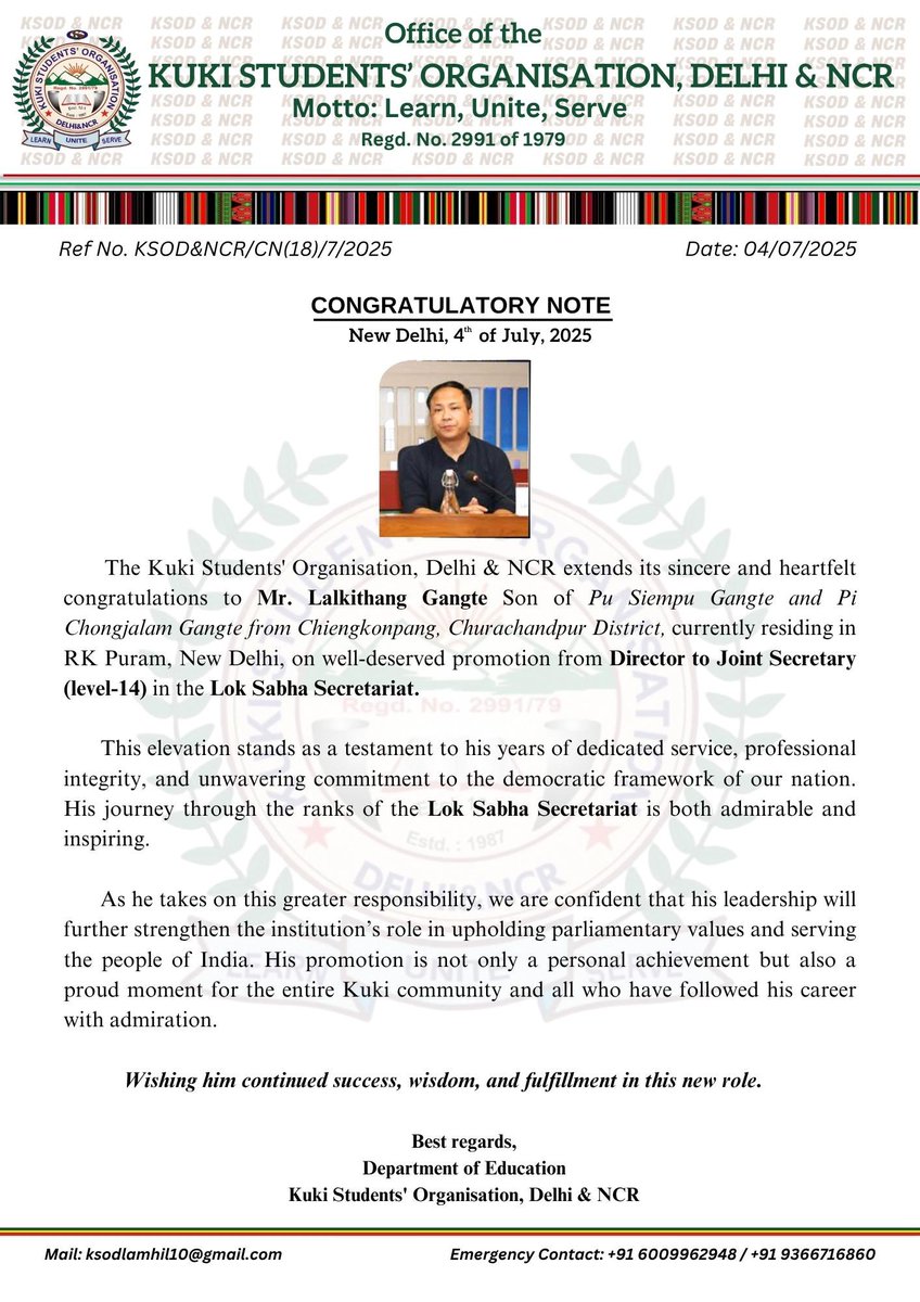KSO Delhi & NCR (@ksodelhi) on Twitter photo The <a href="/KSODelhi/">KSO Delhi & NCR</a> extends its sincere and heartfelt congratulations to Mr. Lalkithang Gangte S/O Pu Siempu Gangte and Pi Chongjalam Gangte from Chiengkonpang, Churachandpur District, currently residing in RK Puram, New Delhi,on well-deserved promotion from Director to Joint Secretary The <a href="/KSODelhi/">KSO Delhi & NCR</a> extends its sincere and heartfelt congratulations to Mr. Lalkithang Gangte S/O Pu Siempu Gangte and Pi Chongjalam Gangte from Chiengkonpang, Churachandpur District, currently residing in RK Puram, New Delhi,on well-deserved promotion from Director to Joint Secretary