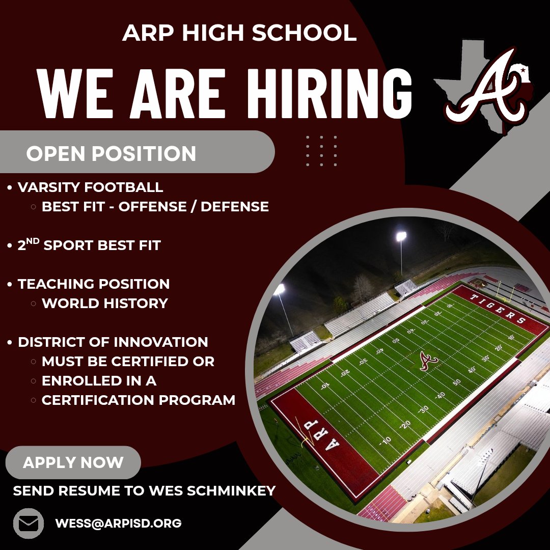 coachmoore32's tweet photo. Arp ISD is hiring! Come join the Tiger Pride! https://t.co/YqChtomdve
