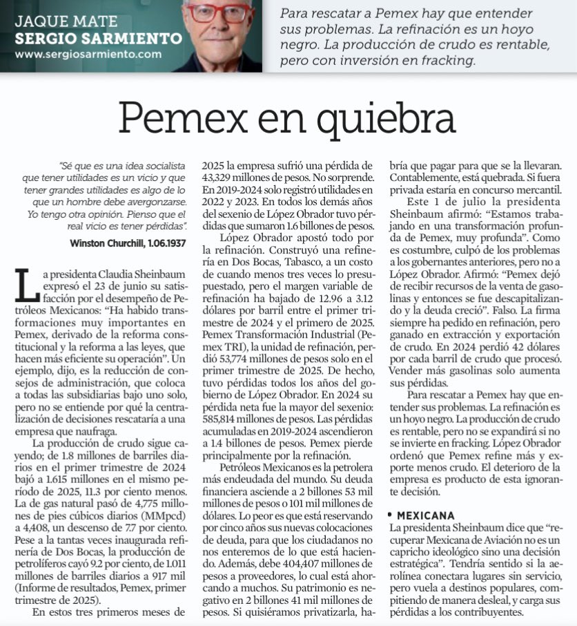 AlexItesm's tweet image. La producción de Pemex sigue cayendo y sus pérdidas creciendo, en el primer trimestre de 2025 perdió 43,329 millones de pesos, aún así Sheinbaum expresó el 23 de junio su satisfacción por el desempeño de la empresa “productiva” del estado