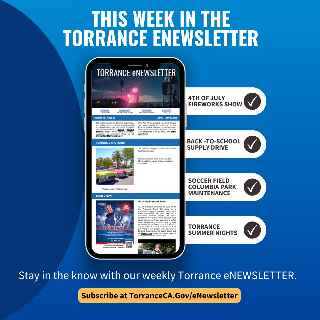 Join us this Friday, to celebrate the 4th of July with fireworks and trivia from the LA Galaxy Sports Complex (555Maple Ave.). Check this week’s Torrance eNewsletter to see more community events and happenings: conta.cc/40xkbKK  #TorranceCA #Newsletter