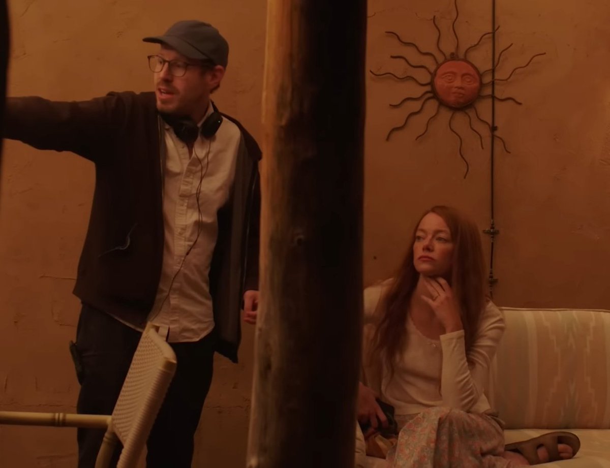 badpostestone's tweet image. Emma Stone and Ari Aster on the set of 'EDDINGTON'