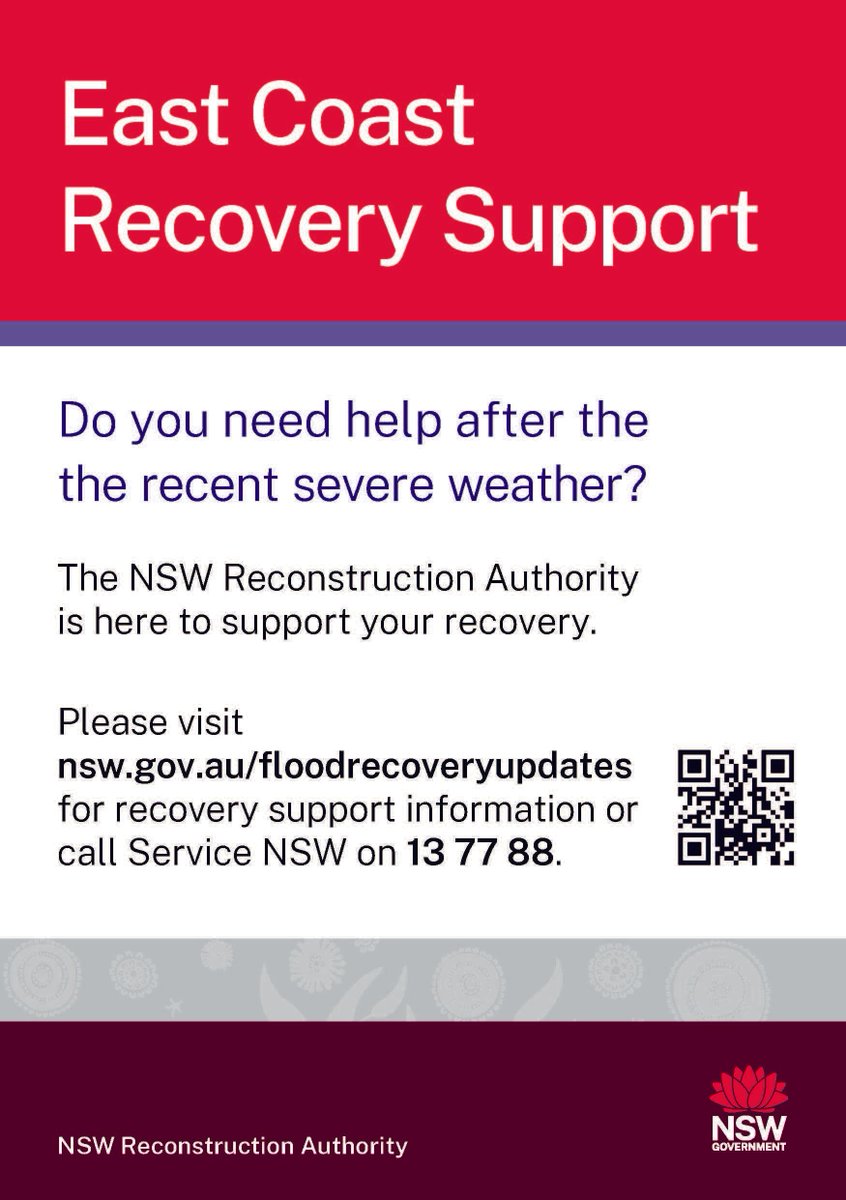 As NSW recovers from severe weather and floods, support is available.
Personal Hardship Assistance has been extended to 21 July 2025. Health and mental health support is also available.
Stay updated: nsw.gov.au/floodrecoveryu…
#NSWFloods #FloodRecovery #NSWSupport