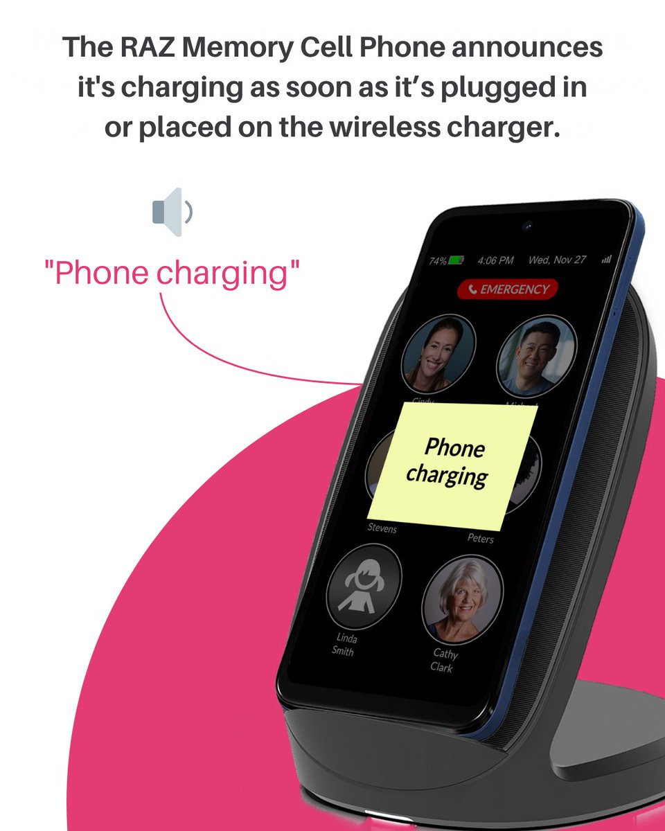 When your loved one starts charging their RAZ Memory Cell Phone, they hear a clear message confirming that charging has started. 
This simple audio confirmation provides reassurance without requiring them to check the screen, which is especially helpful for seniors with vision or