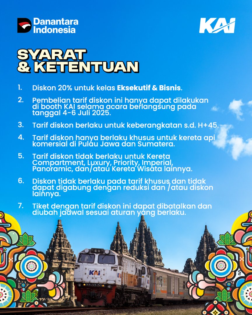 Kereta Api Indonesia (@kai121) on Twitter photo ๐๐ฑ๐ฎ ๐๐ถ๐๐ธ๐ผ๐ป ๐ง๐ถ๐ธ๐ฒ๐ ๐๐ฒ๐ฟ๐ฒ๐๐ฎ ๐๐ฝ๐ถ ๐ฎ๐ฌ% ๐ฑ๐ถ ๐ฃ๐ฟ๐ฎ๐บ๐ฏ๐ฎ๐ป๐ฎ๐ป ๐๐ฎ๐๐ ๐ฎ๐ฌ๐ฎ๐ฑ ๐ฅณ
Siapa nih, yang udah siap-siap buat merasakan magisnya musik jazz di tengah kemegahan Candi Prambanan? ๐
Nggak cuma itu, ada diskon sampai dengan 20% untuk pembelian tiket ๐๐ฑ๐ฎ ๐๐ถ๐๐ธ๐ผ๐ป ๐ง๐ถ๐ธ๐ฒ๐ ๐๐ฒ๐ฟ๐ฒ๐๐ฎ ๐๐ฝ๐ถ ๐ฎ๐ฌ% ๐ฑ๐ถ ๐ฃ๐ฟ๐ฎ๐บ๐ฏ๐ฎ๐ป๐ฎ๐ป ๐๐ฎ๐๐ ๐ฎ๐ฌ๐ฎ๐ฑ ๐ฅณ
Siapa nih, yang udah siap-siap buat merasakan magisnya musik jazz di tengah kemegahan Candi Prambanan? ๐
Nggak cuma itu, ada diskon sampai dengan 20% untuk pembelian tiket