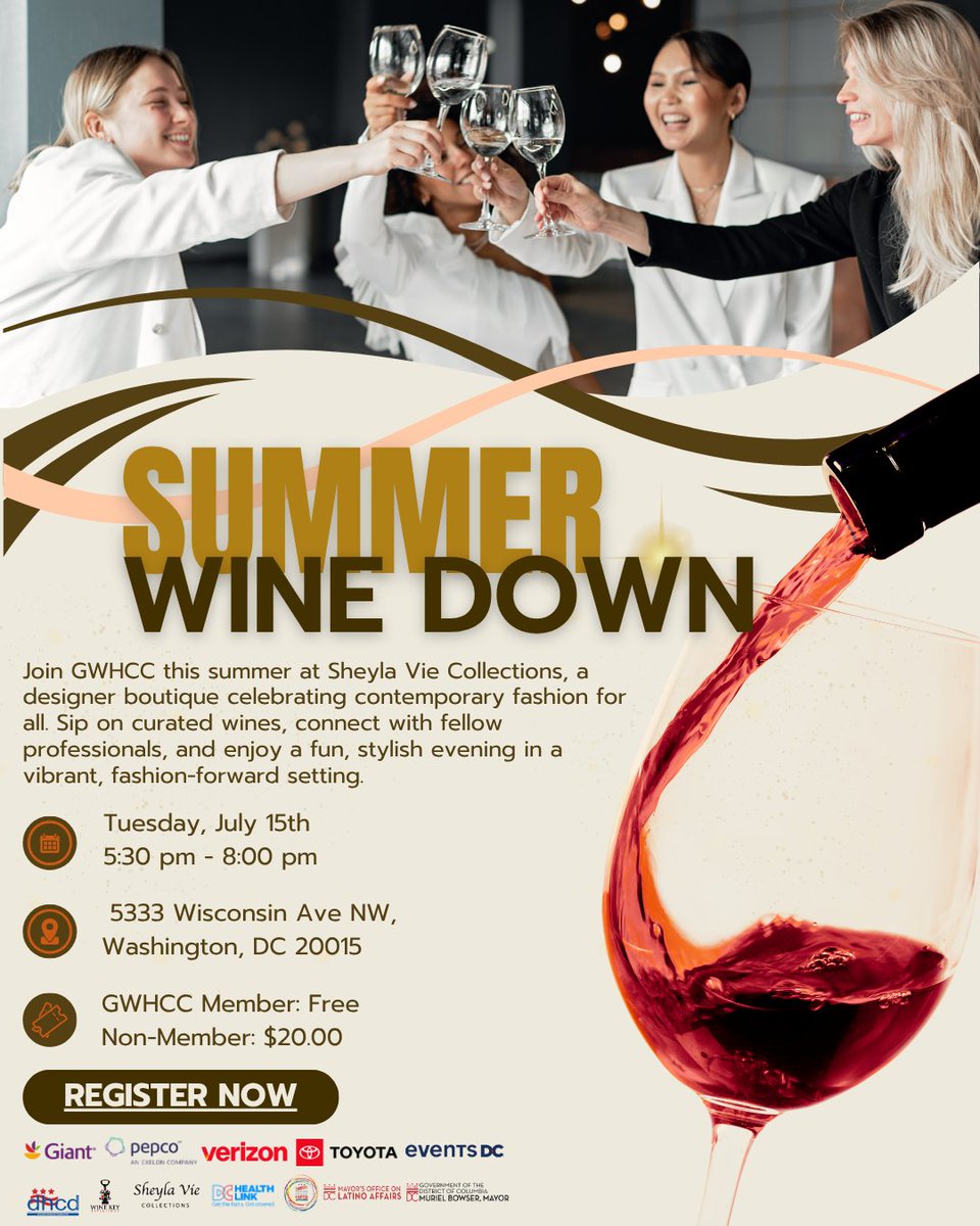 GWHCC's tweet image. 🍷 Network in style at GWHCC’s Summer Wine Down!
🗓️ July 15 | 5:30–8:00 PM
📍 Sheyla Vie Collection, DC
👠 Fashion, wine &amp;amp; connections!
🎟️ Members: FREE | Non-Members: $20
🔗 Register: ow.ly/xvlx50Wk6BC
#GWHCC #DCNetworking