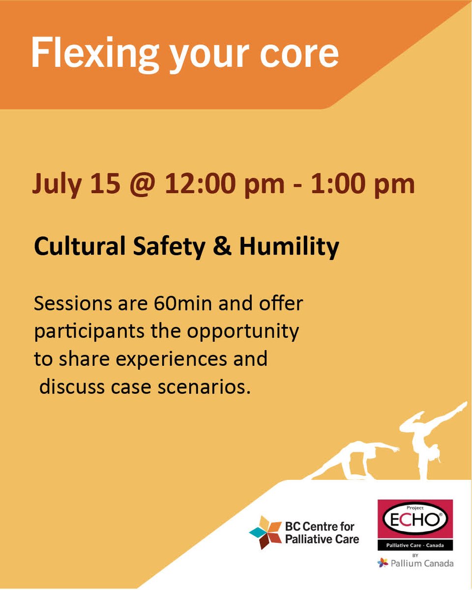 Flex your Core (competencies that is) with us in these virtual sessions.

The second 60 min session explores concepts such as privilege and how it can lead to culturally inappropriate care. 
Find out more and register here: bc-cpc.ca/event/cultural…

#ECHOPalliativeBC
