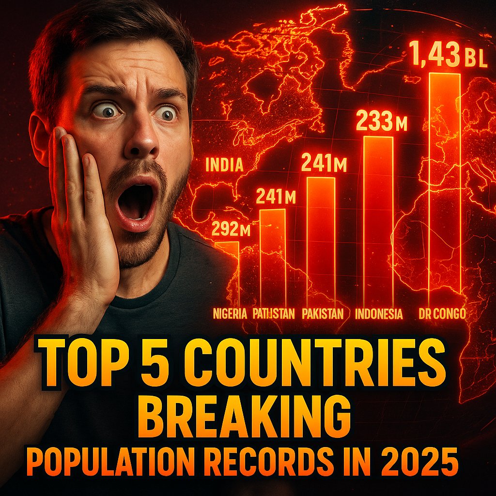 Worldtoplists25's tweet photo. Top 5 countries breaking population records in 2025 🚨
Some will shock you — not just India &amp; China 👀
Why the surge?

💬 Drop your thoughts
👣 Follow for more global-shaking rankings
https://t.co/91KnQrHBok

#Top5 #PopulationRecords #2025Trends #GlobalGrowth #WorldTopLists https://t.co/tnaP3Fjs6N