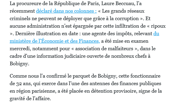 SakumiBLR's tweet photo. Franchement on est où là ?!

"Une agente des impôts soupçonnée d’informer le crime organisé"
https://t.co/37IEgyNnD7

#FranceNaufrage
#FranceCorruption https://t.co/TRTcQHpIwo