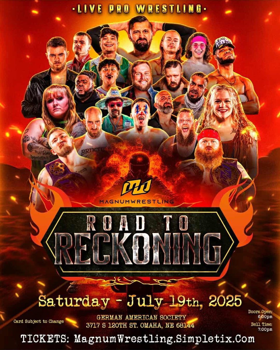 The Road to Reckoning is heating up! 

Join us at the German American Society on 7/19 and see the aftermath of Hot Magnum Nights as we begin the trek to Over the Top in September! 

Tickets are going fast so don’t wait long! 

simpletix.com/e/magnum-wrest…