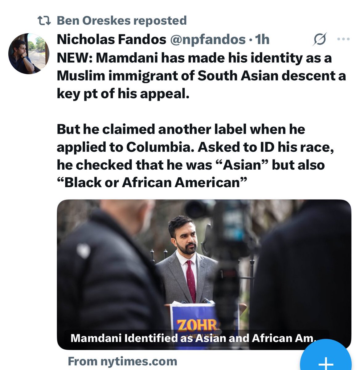 Ben Oreskes boosting the NYT's weird race science article....not too surprised!