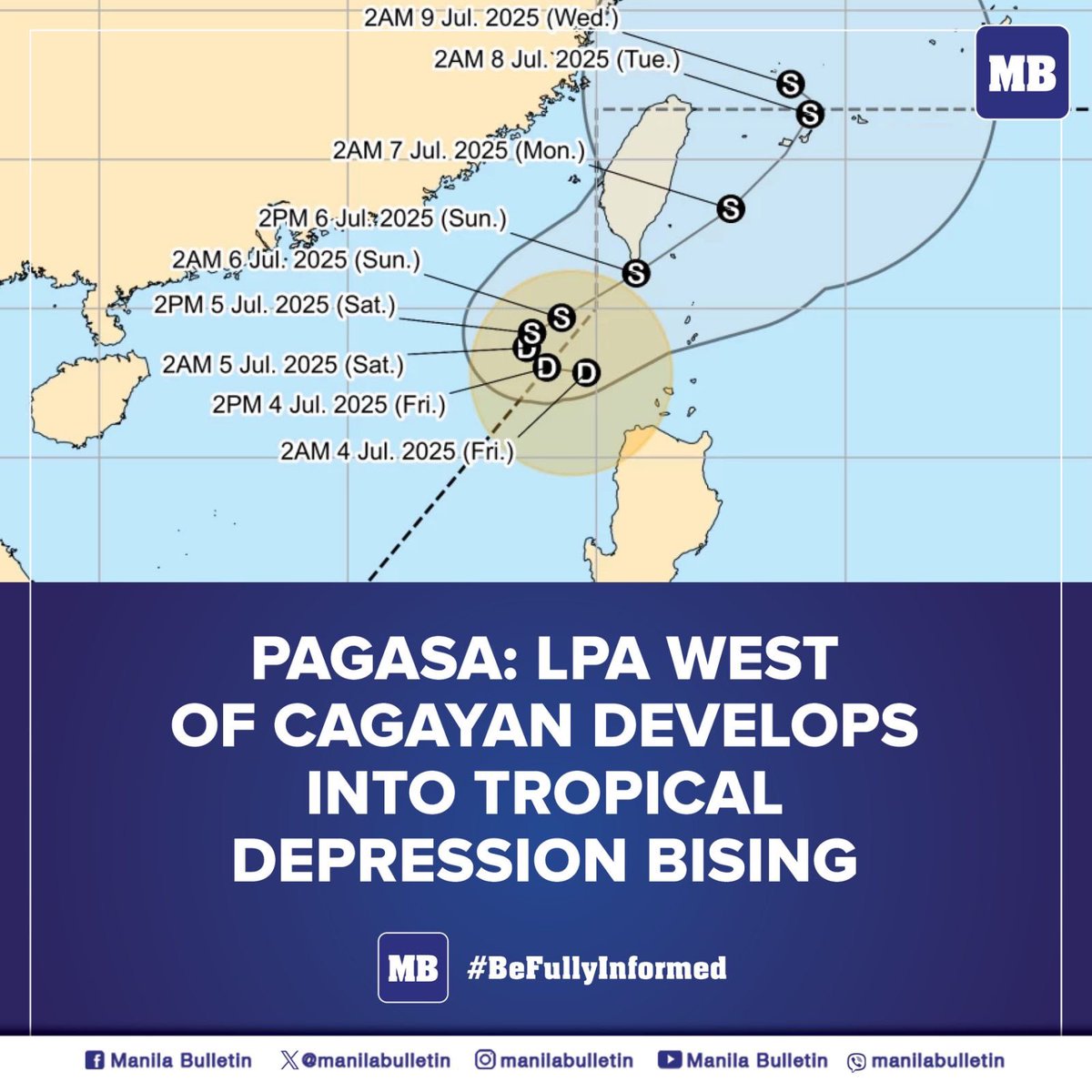 manilabulletin's tweet image. The Low-Pressure Area (LPA) located west of Cagayan has developed into a tropical depression and was named #Bising, the Philippine Atmospheric, Geophysical and Astronomical Services Administration (PAGASA) reported on Friday, July 4.

READ: mb.com.ph/2025/07/04/pag…
