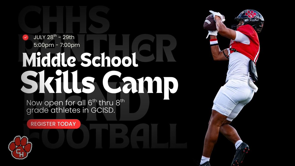 CHHS_FOOTBALL's tweet image. ***NOW OPEN***
ALL 6th-8th GRADERS
July 28-29th at the PAC (CHHS Indoor)
5:00pm - 7:00pm
Register Today
forms.gle/kgu7nAsEficW49…