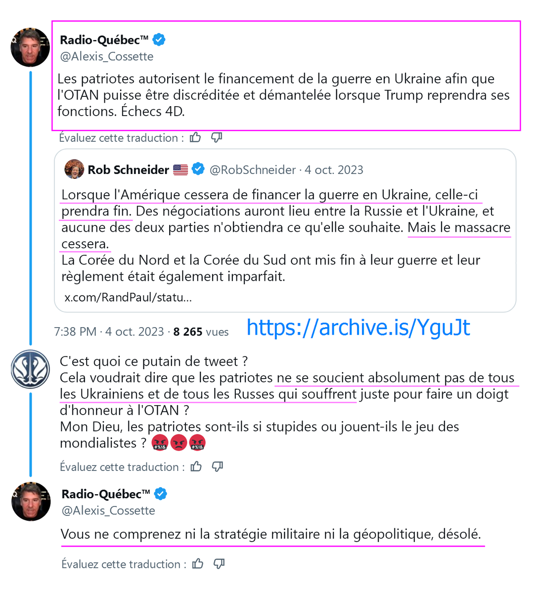 Alice_636's tweet photo. @KouKouKlan Pire que ça: après avoir prédit qu'il n'y aurait pas de guerre en Ukraine, Alexis Cossette-Trudel a ensuite justifié le financement de la guerre en Ukraine par les USA en disant que ça fait partie du Plan™ pour démanteler l'OTAN quand Trump redeviendrait officiellement Président https://t.co/OOUgp4NBRF