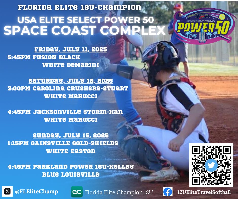 FLEliteChamp's tweet photo. 📍Destination: Power 50 – Viera, FL
Chasing greatness at the iconic Space Coast Complex. Every inning counts. Every play matters.
#RiseAndGrind #Power50 #SpaceCoastBound https://t.co/ZeMs9gY6Gr