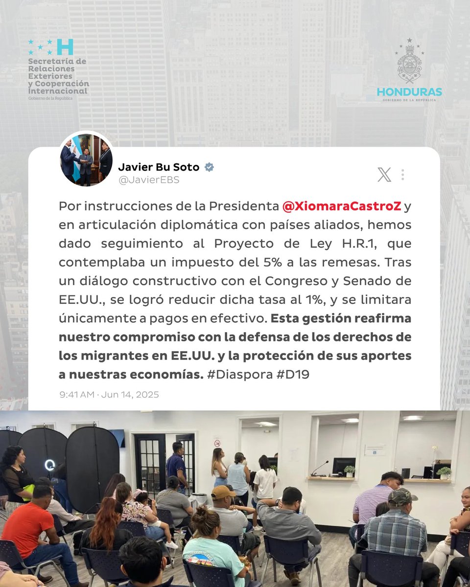 Cancillería Honduras (@cancilleriahn) on Twitter photo El Canciller <a href="/JavierEBS/">Javier Bu Soto</a> manifestó a través de su cuenta de "X", que por instrucciones de la Presidenta <a href="/XiomaraCastroZ/">Xiomara Castro de Zelaya</a>, sostuvo un diálogo con el Congreso y el Senado de EE.UU., en el que logró reducir el impuesto de las remesas de los connacionales en ese país, del 5%, al 1%. El Canciller <a href="/JavierEBS/">Javier Bu Soto</a> manifestó a través de su cuenta de "X", que por instrucciones de la Presidenta <a href="/XiomaraCastroZ/">Xiomara Castro de Zelaya</a>, sostuvo un diálogo con el Congreso y el Senado de EE.UU., en el que logró reducir el impuesto de las remesas de los connacionales en ese país, del 5%, al 1%.