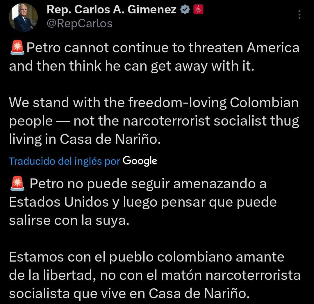 Robert Daza Senador Campesino (@robertdazag) on Twitter photo Rechazamos las palabras ofensivas del congresista estadounidense Carlos A. Gimenez contra el presidente <a href="/petrogustavo/">Gustavo Petro</a>. Exigimos respetar la soberanía nacional y al presidente electo democráticamente por el pueblo colombiano. Rechazamos las palabras ofensivas del congresista estadounidense Carlos A. Gimenez contra el presidente <a href="/petrogustavo/">Gustavo Petro</a>. Exigimos respetar la soberanía nacional y al presidente electo democráticamente por el pueblo colombiano.