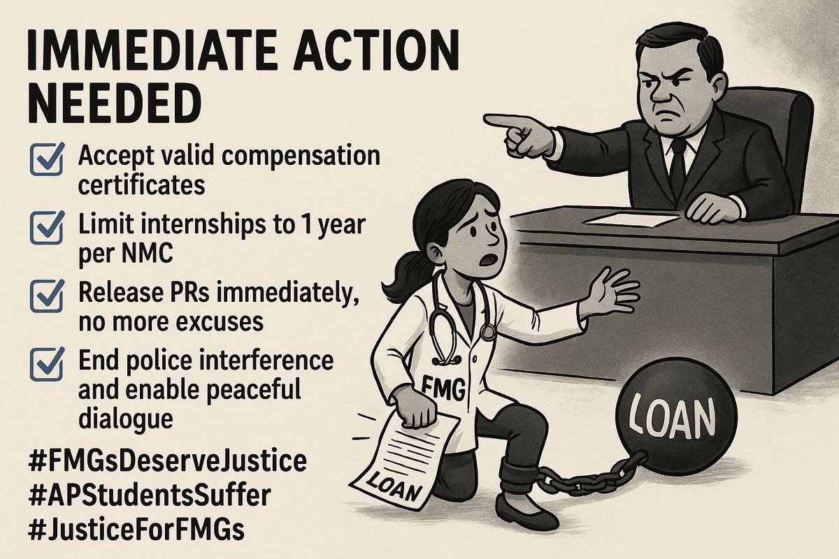 YSRCPStudtWing's tweet image. 10/

We @YSRCParty on behalf of FMGs of Andhra Pradesh demand Immediate action:
✅ Accept compensation certificates
✅ Abide by one‑year internship rule per NMC
✅ Issue PRs now—no more excuses
✅ Stop police harassment and begin peaceful dialogue

#WeStandWithDoctors 
#SaveFMGs