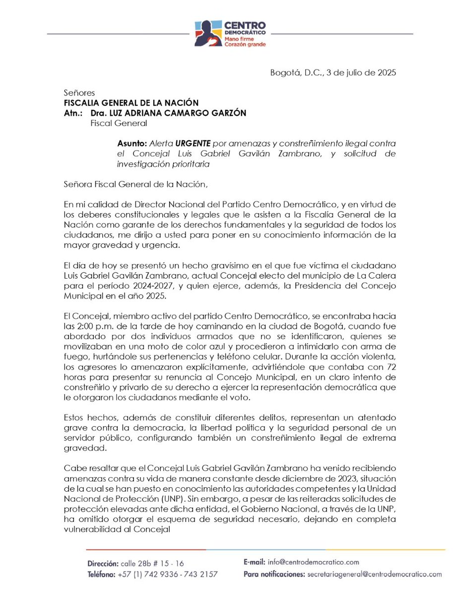 CeDemocratico's tweet photo. Alerta URGENTE por amenazas y constreñimiento ilegal contra el Concejal Luis Gabriel Gavilán Zambrano, y solicitud de investigación prioritaria. https://t.co/Na5fDDCb3E