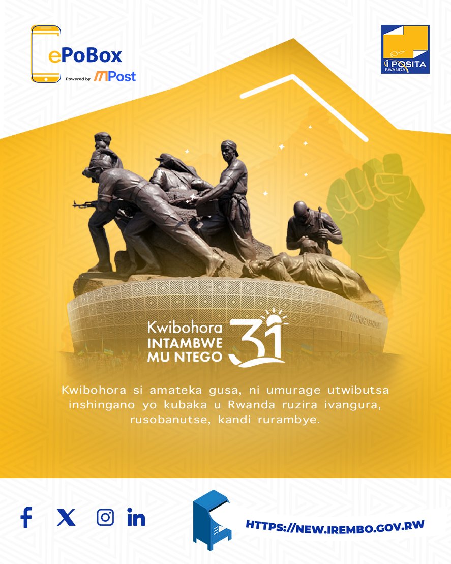 ePoBoxRwanda's tweet photo. Kwibohora si amateka gusa, ni umurage utwibutsa inshingano yo kubaka u Rwanda ruzira ivangura, rusobanutse, kandi rurambye.
#Kwibohora31 #Rwanda #ePoBoxrwanda https://t.co/jU16dEnZTi