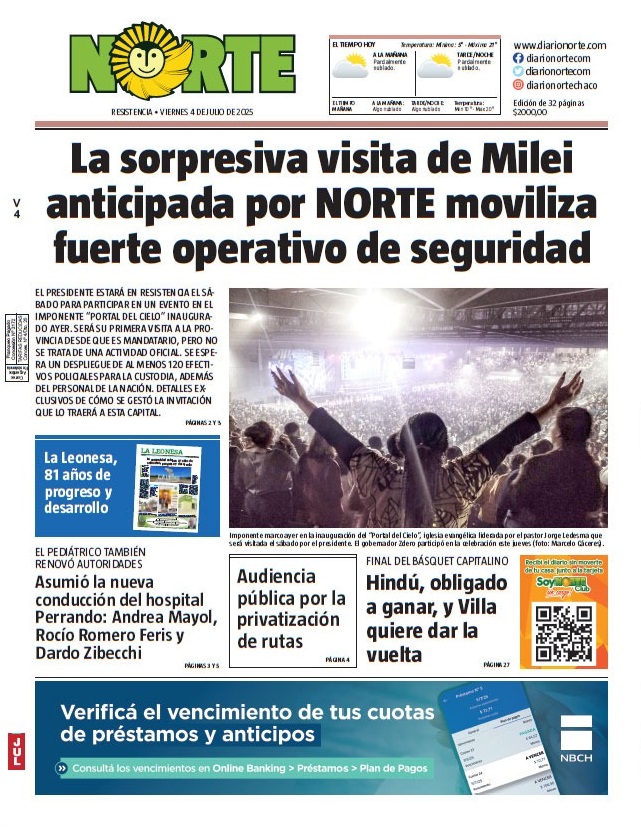 NorteDiarioCom's tweet photo. 👋🏽🌎 #BuenViernes lector@s
🗞️ Compartimos la #TapaDeNORTE con los #TemasDelDía.
🌥️ Para #Resistencia se espera una mínima de 5°C y máxima de 21°C; con cielo algo nublado desde la madrugada hasta la tarde, y ligeramente nublado en la noche
#DiarioNorteCom #Noticias #PrimeroSiempre https://t.co/A1tzjaig3J
