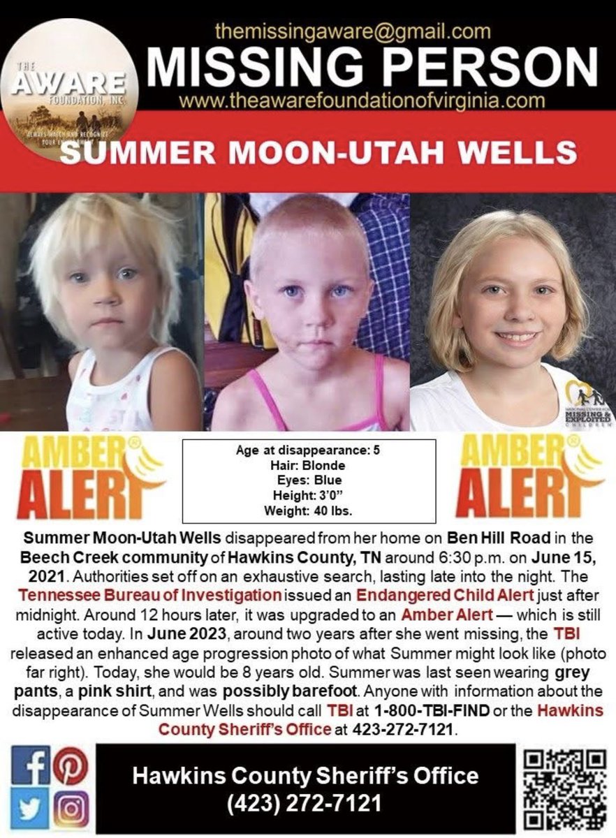 ⏳⚖️ #SummerWells Summer Wells missing from Rogersville, Tennessee June 15 ,2021. She’ was 5 yrs old with blonde hair and blue eyes, approx 3ft tall weighing 40 lbs when she went missing. She would now be 9!!!  info please call 1-800-TBI-FIND #MissingPerson #Tennessee