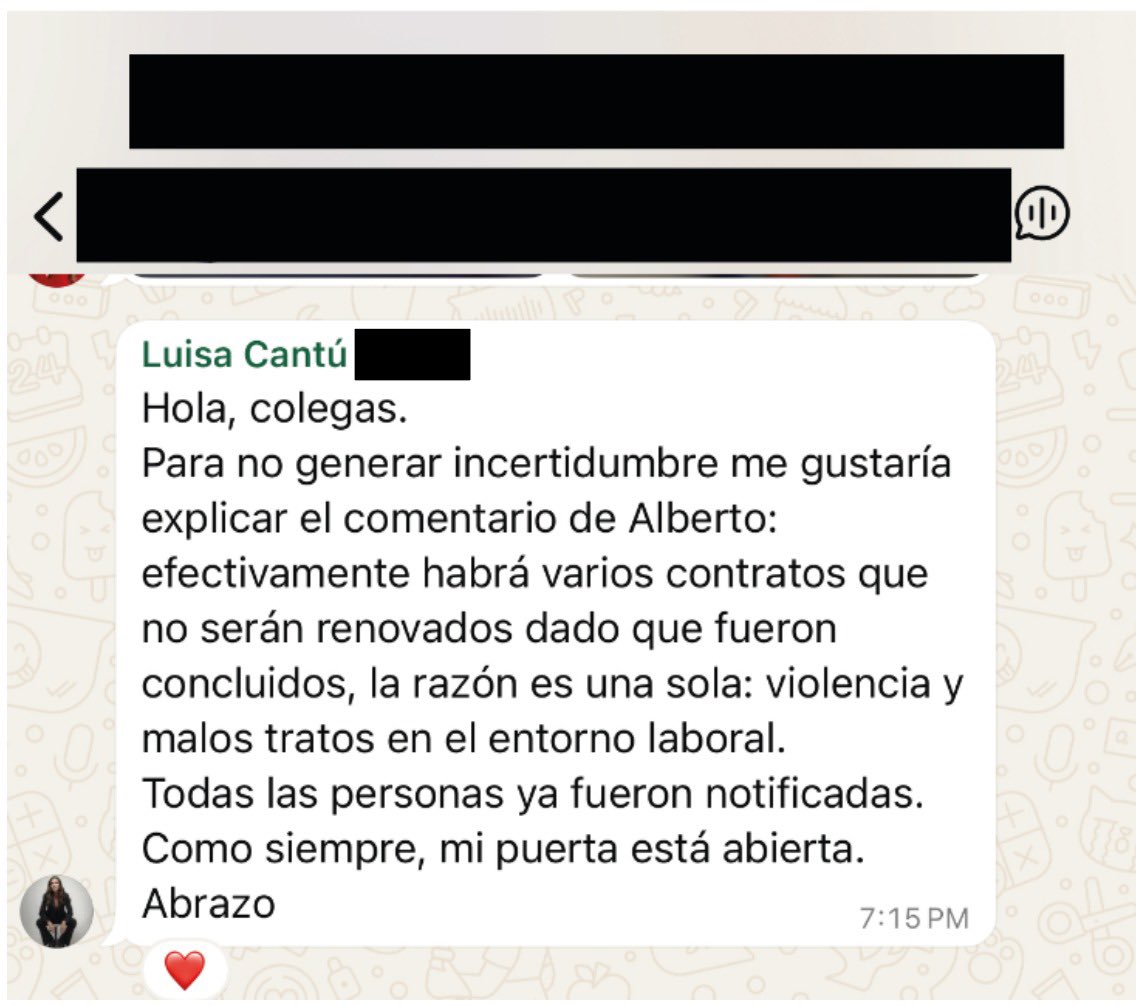Sanjuana Martínez Montemayor (@sanjuananews) on Twitter photo 🆘#ALERTA compañeros de <a href="/OnceNoticiasTV/">Once Noticias</a> me piden difundir un mensaje: <a href="/rturrent/">Renata Turrent</a> y <a href="/luigicantu/">Luisa Cantú Ríos</a> han despedido a más de 20 trabajadores a quienes no se les ha renovado su contrato. Tienen miedo porque dicen Luisa Cantú los quita de los chats sin permitirles su derecho a la defensa. 🆘#ALERTA compañeros de <a href="/OnceNoticiasTV/">Once Noticias</a> me piden difundir un mensaje: <a href="/rturrent/">Renata Turrent</a> y <a href="/luigicantu/">Luisa Cantú Ríos</a> han despedido a más de 20 trabajadores a quienes no se les ha renovado su contrato. Tienen miedo porque dicen Luisa Cantú los quita de los chats sin permitirles su derecho a la defensa.
