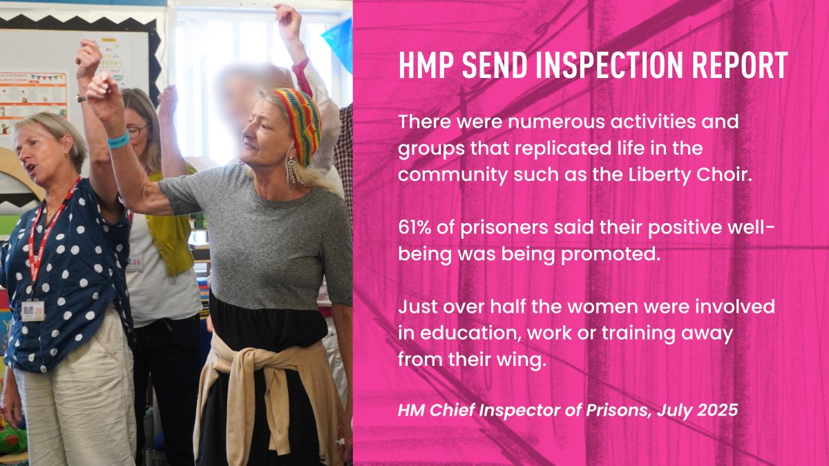 libertychoiruk's tweet image. We are thrilled that our choir programme at HMP Send was recognised in @HMIProbation's latest inspection report!
It's a privilege to have been able to contribute to Send's range of purposeful activity, learning culture and community ethos.
Learn more 👉🏻 bit.ly/4nxdzWA