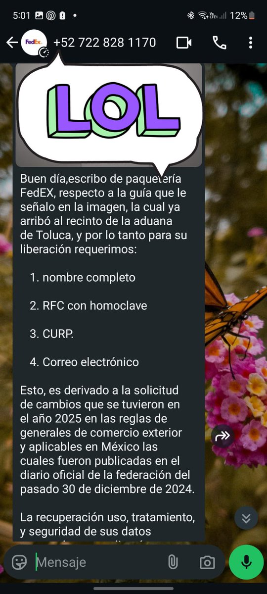 daiysuette's tweet photo. FedEx me quiere entregar un paquete o robar la identidad? Ya van 6 números distintos acosándome con mensajes sospechosos. Saben mis dos nombres, quieren mi CURP y todo parece una estafa bien armada. ¿Qué clase de filtración es esta, @fedex_mx ? @Profeco qué onda con esto? https://t.co/GCEZpuI6iw