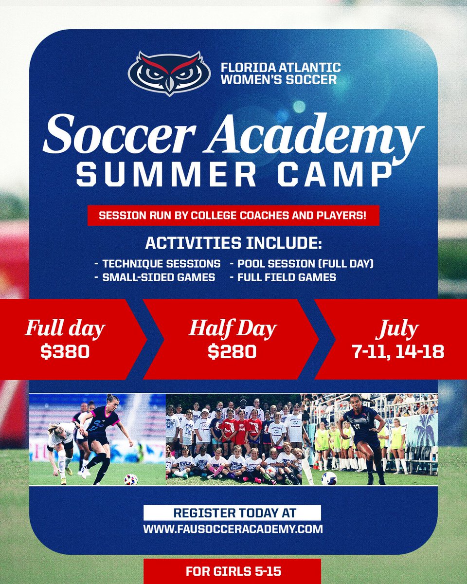 FAUWSoccer's tweet image. Summer youth camps are coming up!! ⚽️
Registration is now open for both dates 🗓️
To sign up visit fausocceracademy.com 📋