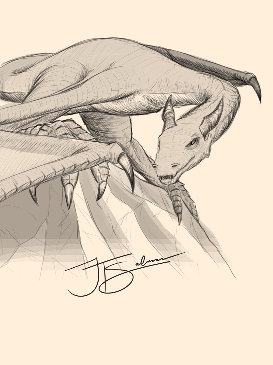 jt_salmon's tweet image. Wyverns: a terror of the northern realm, along with the dreaded craalnax. For years, this creation of Mordrath has struck fear into hearts of many. These are the &apos;traditional&apos; dragons, having fiery breath, and crating a lair atop a lonely peak.
#conceptart #Dragon #IndieAuthor