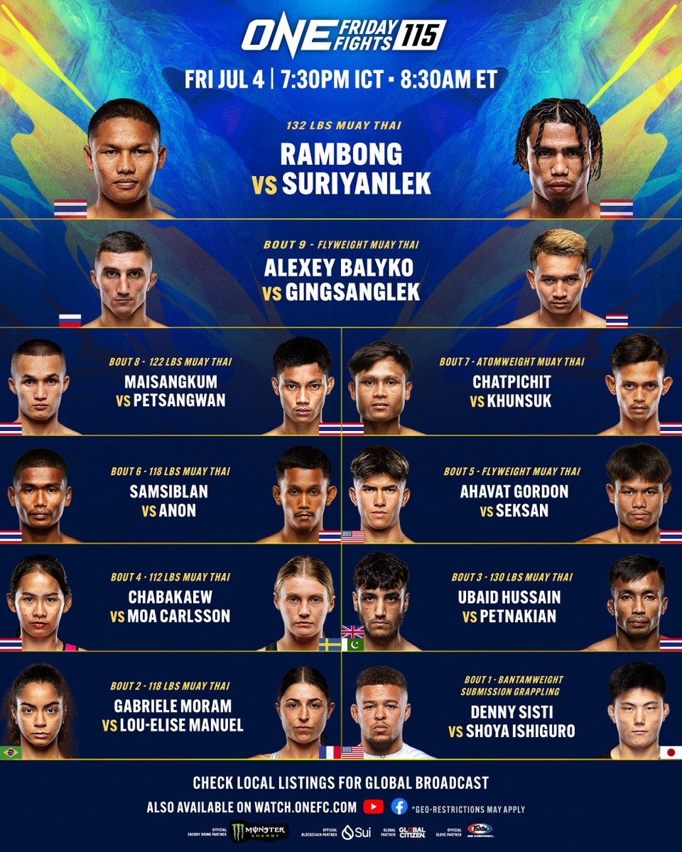 On this week’s edition of ONE Friday Fights, Rambong puts his seven-fight winning streak on the line against fellow Thai star Suriyanlek in a thrilling Muay Thai main event! Don't miss any of the action at ONE Friday Fights 115! 🔥

#ONEFridayFights115 | Jul 4 at 7:30PM