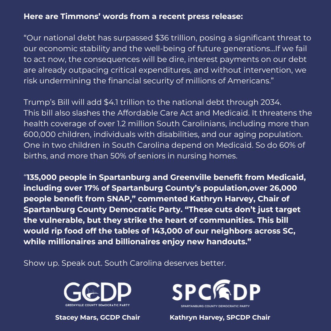 “Over 17% of Spartanburg County’s population benefits from medicaid, over 26,000 people benefit from SNAP in the Upstate. These cuts don’t just target the vulnerable, they strike the heart of communities while millionaires and billionaires enjoy new handouts.”