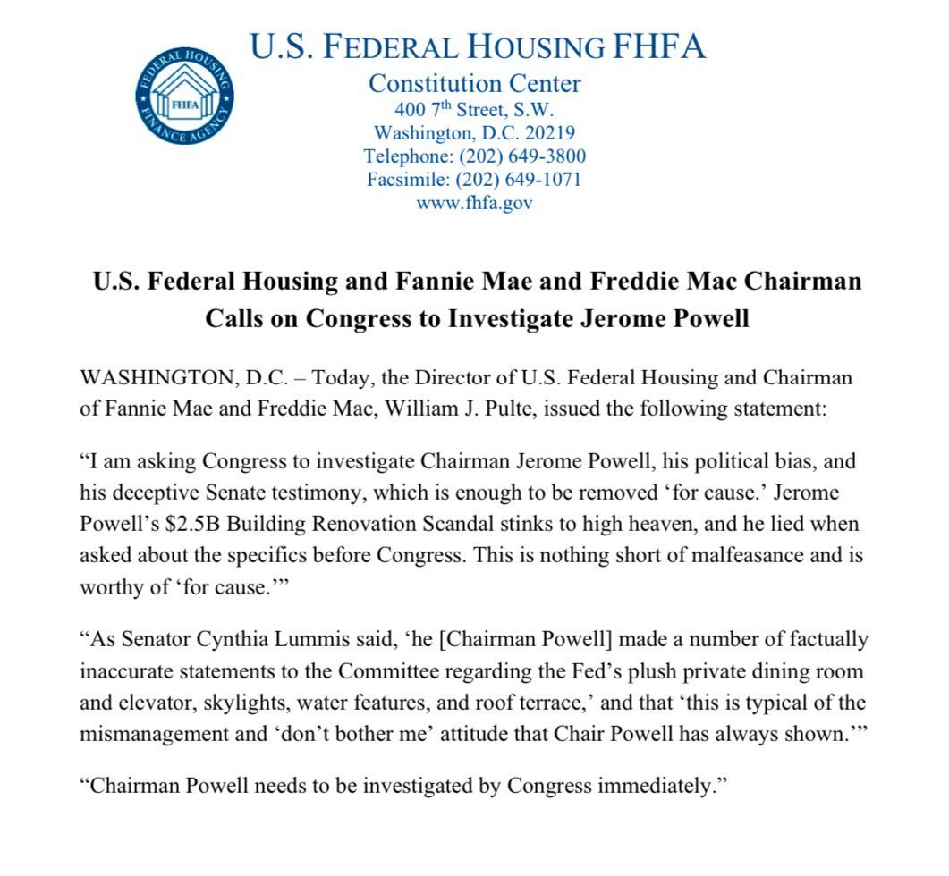 U.S. Federal Housing Director &amp; Fannie Mae/Freddie Mac Chairman <a href="/pulte/">Pulte</a>  is calling on Congress to investigate Jerome Powell over a $2.5B Fed building scandal.

He accuses Powell of lying to Congress, political bias, and “malfeasance.” 👀