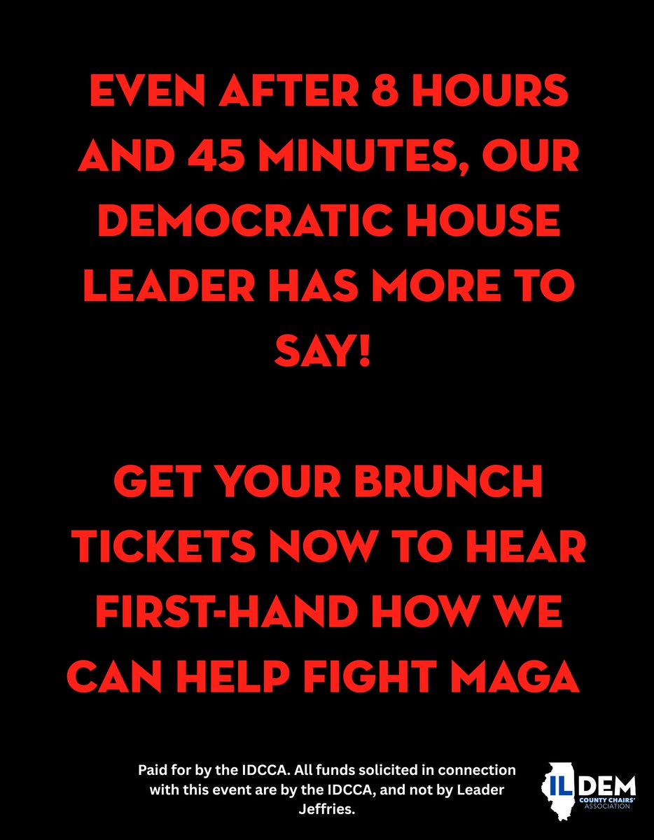 ILDCCA's tweet photo. After 8 hours and 45 minutes on the House floor, our Democratic leader still isn’t done fighting for democracy. 🗣️🔥
Grab your brunch tickets now to hear directly how we can stand up to MAGA and protect our future. TICKETS: https://t.co/A2z4QOh3gC
#HakeemJeffries #ILDemDay https://t.co/hD1bvVEgEB