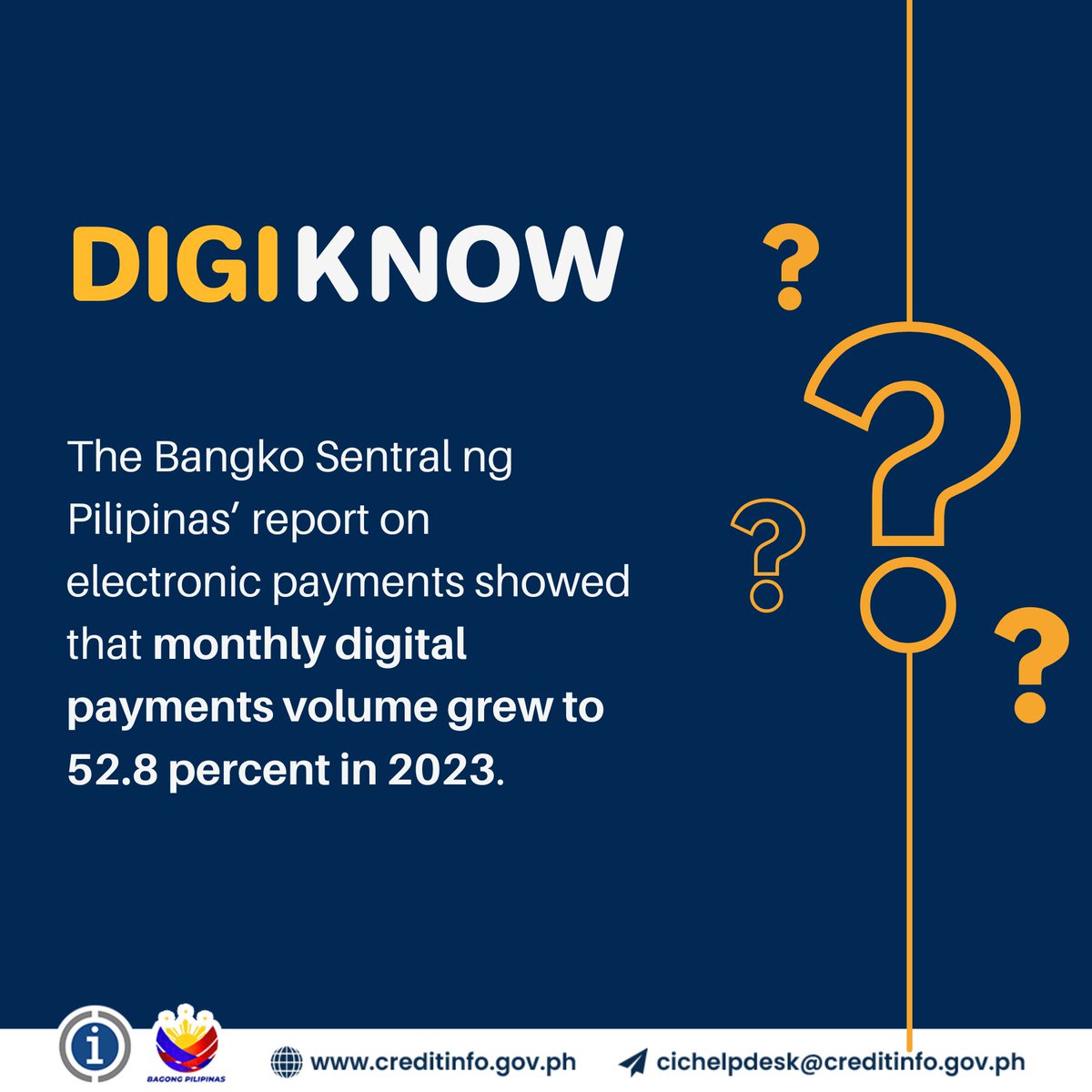 creditinfogovph's tweet image. 💡 #DIGIKNOW?

The Bangko Sentral ng Pilipinas’ report on electronic payments showed that monthly digital payments volume grew to 52.8 percent in 2023.

#PHCreditRegistry #BeCreditworthy