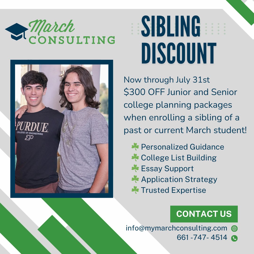 CollegeMarch's tweet photo. College planning déjà vu? We’ve got your back — again!

Now through July 31st, get $300 OFF select College Planning Packages when enrolling a sibling of a past or current March student!
 📞Call us to get started!

#MarchConsulting #Bakersfield #KernCounty #ParentsofTeens https://t.co/q83FCRjYOI