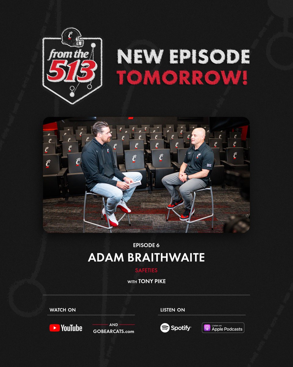 Cincinnati Football (@gobearcatsfb) on Twitter photo Brand new #FromThe513 featuring <a href="/CoachB_Defense/">Adam Braithwaite</a> dropping TOMORROW!
Don't miss this conversation with Cincinnati's Safeties Coach Brand new #FromThe513 featuring <a href="/CoachB_Defense/">Adam Braithwaite</a> dropping TOMORROW!
Don't miss this conversation with Cincinnati's Safeties Coach