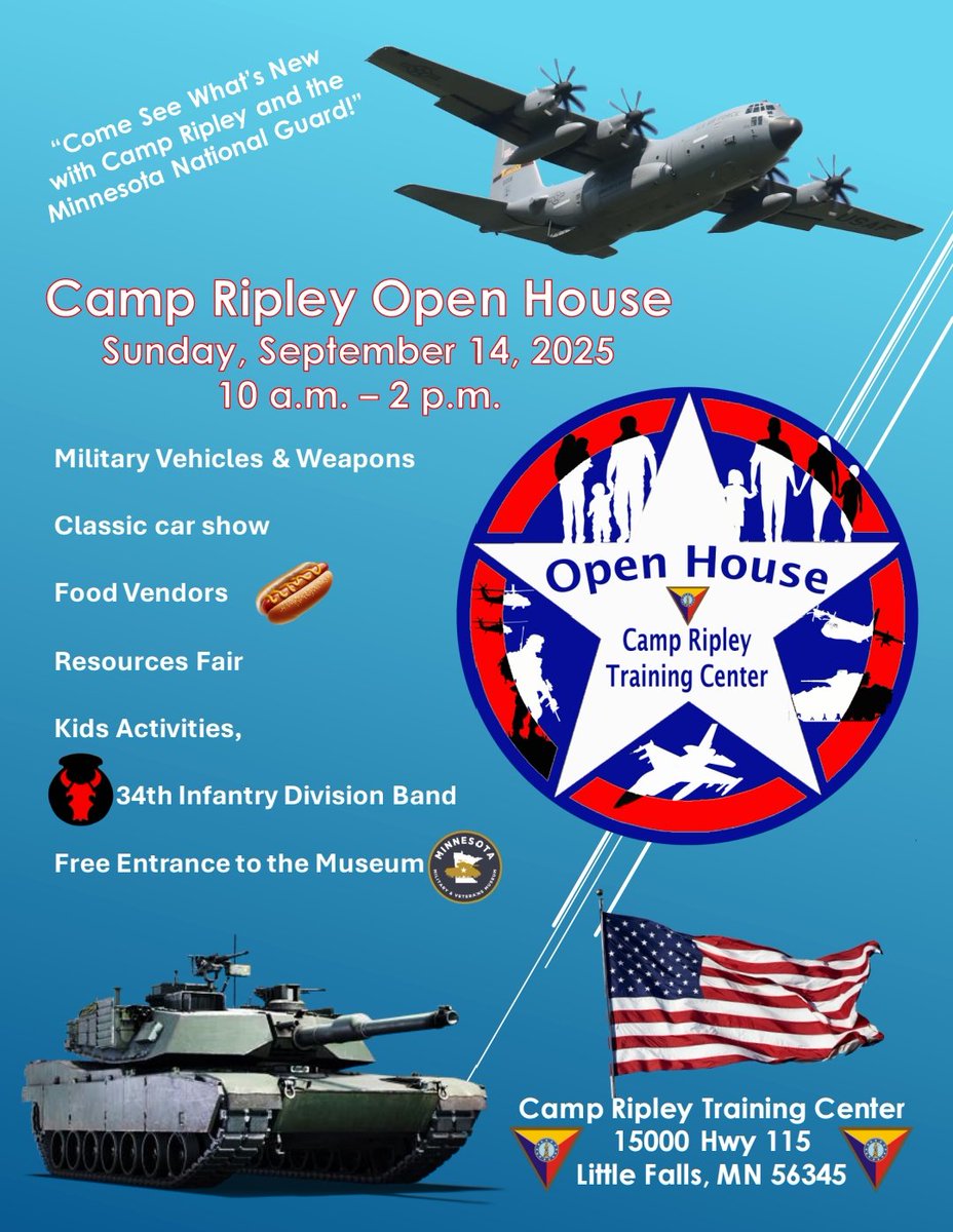 On behalf of the Command Team and everyone at the Camp Ripley Training Center, we wish you all a safe and happy Independence Day weekend!!🇺🇸

AND!!! Don't forget to plan your next freedom weekend getaway and join us Sept. 14, 2025 for the Camp Ripley Open House!