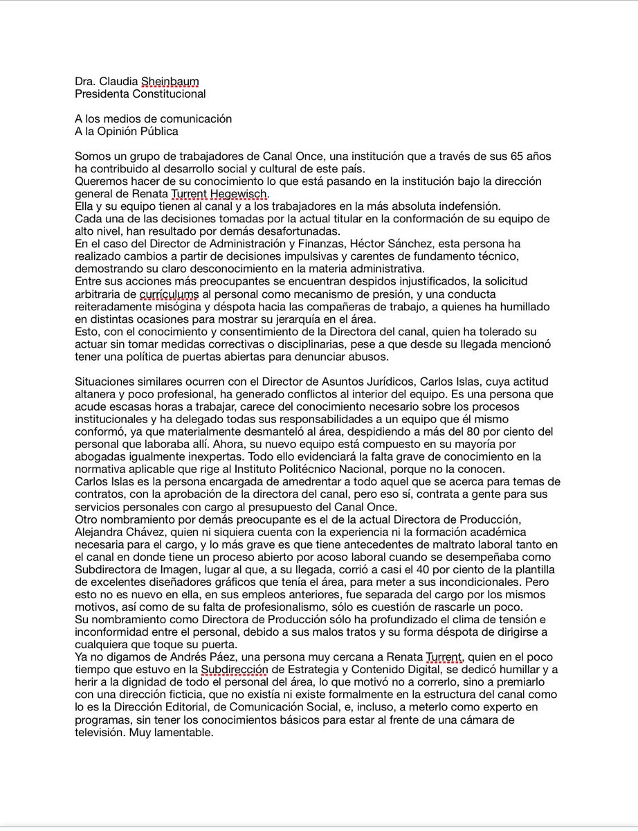 SanjuanaNews's tweet photo. 🆘#ALERTA trabajadores de @CanalOnceTV y @OnceNoticiasTV enviaron una carta a la presidenta @Claudiashein por las múltiples irregularidades cometidas por @rturrent y @luigicantu ambas denunciadas en esta misiva 👇 https://t.co/Q8iXO4CrT0