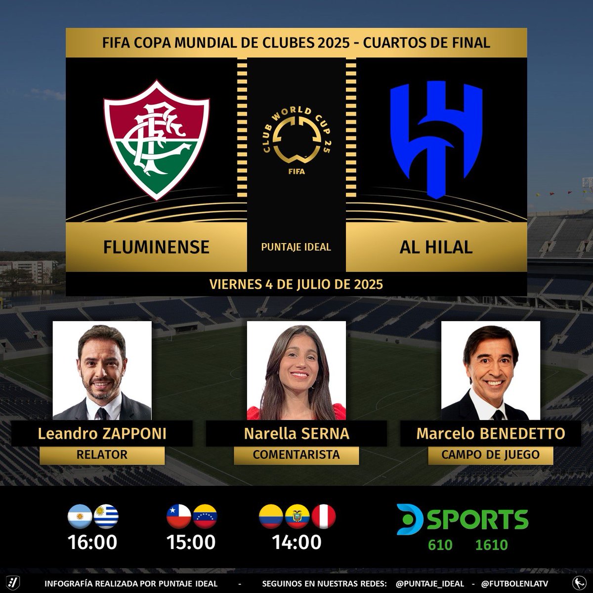 ⚽️ #MundialDeClubes | 🇧🇷 #Fluminense vs. #AlHilal 🇸🇦
🎙️ Relator: <a href="/leandrozapponi/">𝗟𝗲𝗮𝗻𝗱𝗿𝗼 𝗭𝗮𝗽𝗽𝗼𝗻𝗶</a> 
🎙️ Comentarista: <a href="/nanisenra/">Nani Senra 🎙</a> 
🎙️ Campo de juego: <a href="/m_benedetto/">Marcelo Benedetto</a> 
📺 <a href="/DSports/">DSPORTS</a> (610-1610) Sudamérica
💻📱 <a href="/DGO_Latam/">DGO</a> 
🤳 #FIFACWC - #MundialDeClubesEnDSPORTS
Dale RT 🔃