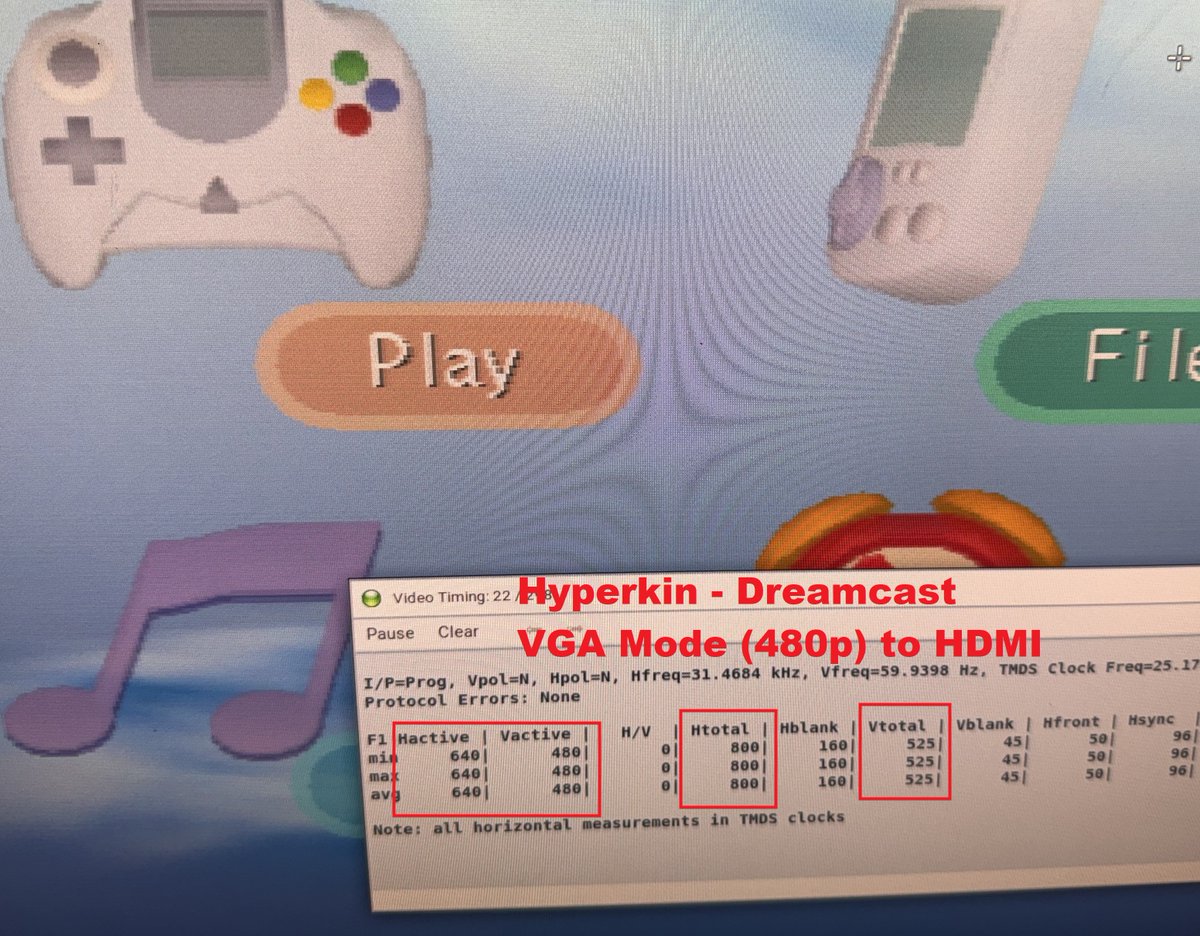 ElectronShep's tweet image. ⚡️Update on the Dreamcast project I've got going!⚡️
You can see that the off-the-shelf Hyperkin converter generates a 480p HDMI output that has a 640x480p resolution (incorrect for the Dreamcast) whereas the module I'm developing properly handles the video to be 720x480p output.…