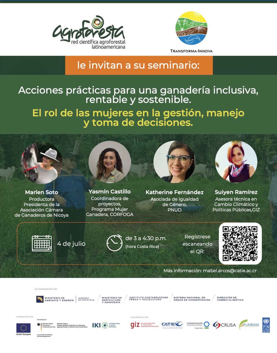 En el marco del proyecto TRANSFORMA-INNOVA – NAMA Ganadería, nos complace invitarle a participar en el webinar:  Desafíos, oportunidades y acciones prácticas para una ganadería inclusiva, rentable y sostenible

Este espacio busca promover el intercambio de conocimientos entre