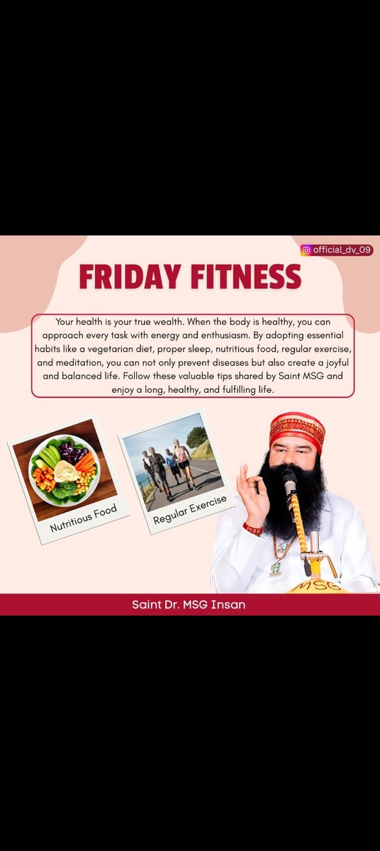 N89602041Nagpal's tweet photo. ਤੰਦਰੁਸਤੀ ਲਈ ਮਹਿੰਗੇ ਜਿੰਮ ਜਾਣਾ ਜ਼ਰੂਰੀ ਨਹੀਂ ਹੈ। ਤੁਸੀਂ ਬਾਬਾ ਰਾਮ ਰਹੀਮ ਜੀ ਦੁਆਰਾ ਦਿੱਤੇ ਗਏ ਸਿਹਤ ਸੁਝਾਵਾਂ ਜਿਵੇਂ ਕਿ ਨਿਯਮਤ ਯੋਗਾ, ਧਿਆਨ, ਲੋੜੀਂਦੀ ਨੀਂਦ ਅਤੇ ਸ਼ਾਕਾਹਾਰੀ ਭੋਜਨ ਦੀ ਪਾਲਣਾ ਕਰਕੇ ਇੱਕ ਸਿਹਤਮੰਦ ਜੀਵਨ ਜੀ ਸਕਦੇ ਹੋ।
#FridayFitness
#HelthTips
#Motivacion
#GoodMorning https://t.co/Dm4zWU3VHR