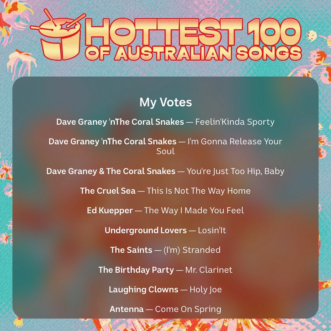 Well I looked for Kim Salmon and The Surrealists and I looked for the Earthmen (whoever’s been sleeping in my bed) and I looked for Renee Geyer (Stares and Whispers or Heading In The Right Direction ) and a few others so I made do with this bunch. #hottest100