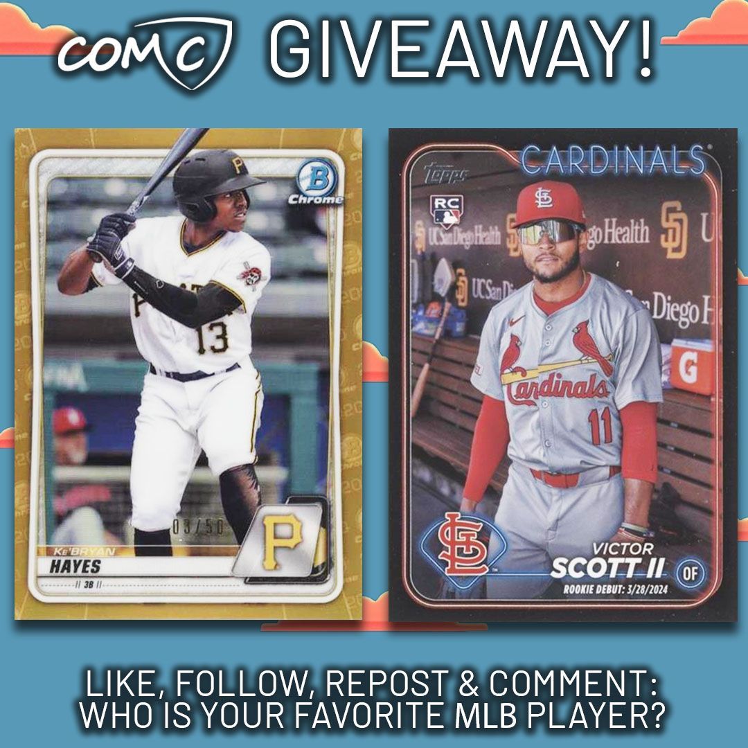 CheckOutMyCards's tweet photo. 💥 COMC #MLB GIVEAWAY! 💥 Like, follow, repost, and COMMENT: Who is your favorite baseball player? 🧢 ⚾ 😍  You could win one of these two prize cards! Winners will be chosen randomly and must have a COMC account. Good luck to all! 🍀 https://t.co/LHszEwHg00