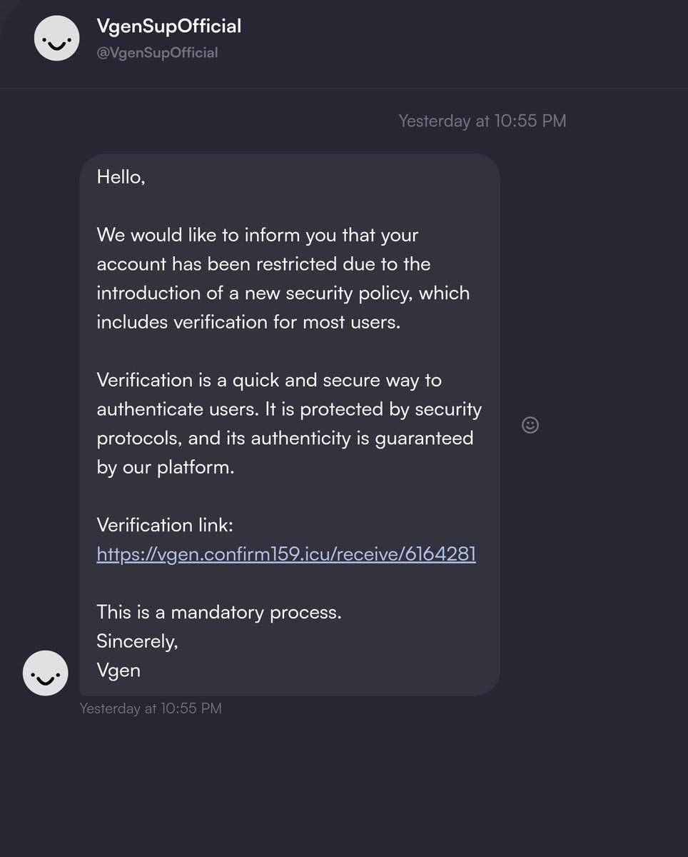 soda200413's tweet image. Scam Alert!!!!
I just recently received dms like this plss be aware everyone who are vgen users, if u receive anything like this do not click the link!