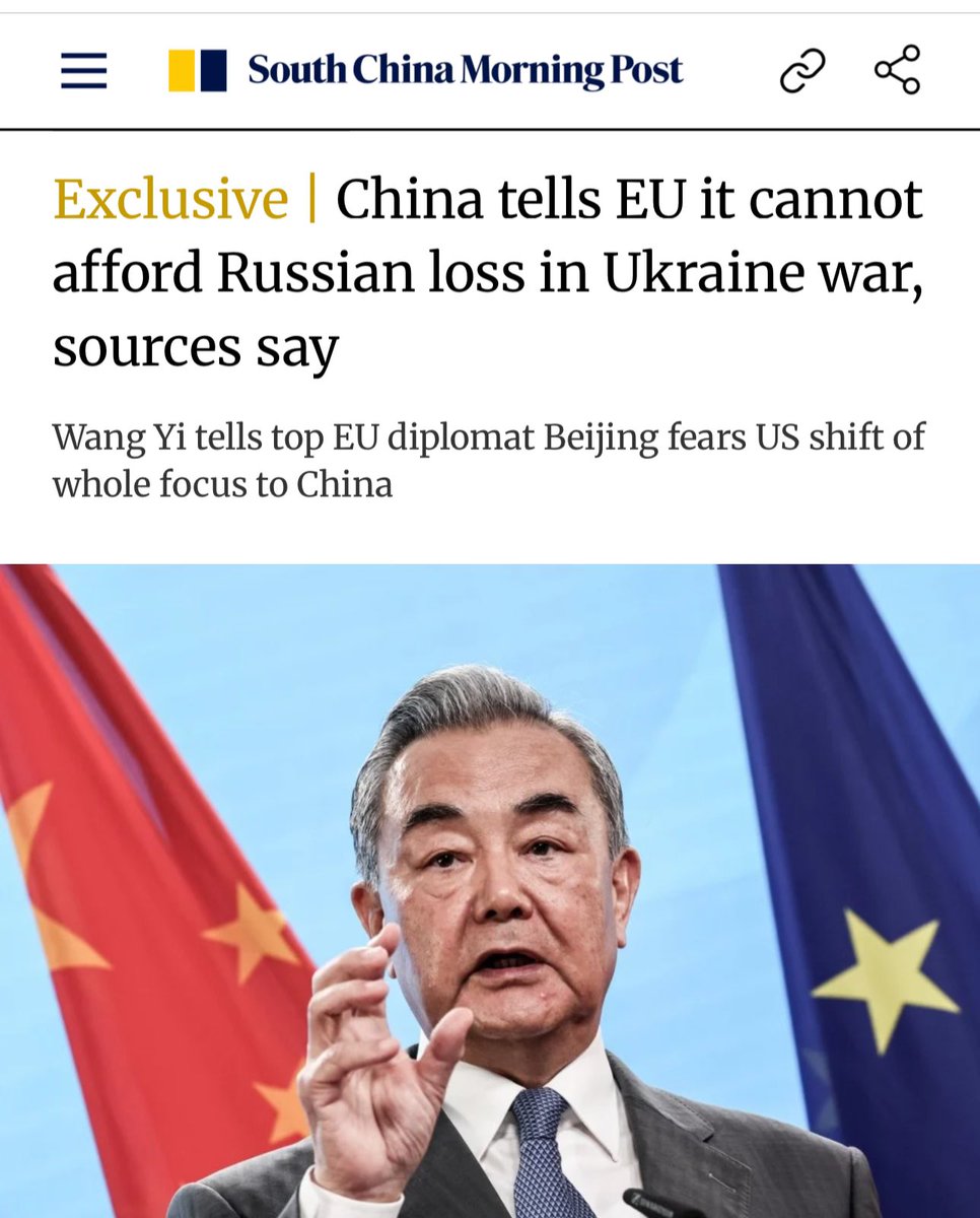 🇨🇳 Foreign Minister Wang Yi told the EU’s top diplomat Kaja Kallas on July 2 that Beijing cannot afford a Russian loss in Ukraine because it fears the US would then shift its whole focus to Beijing.

The comment would confirm what many in Brussels believe to be Beijing’s position