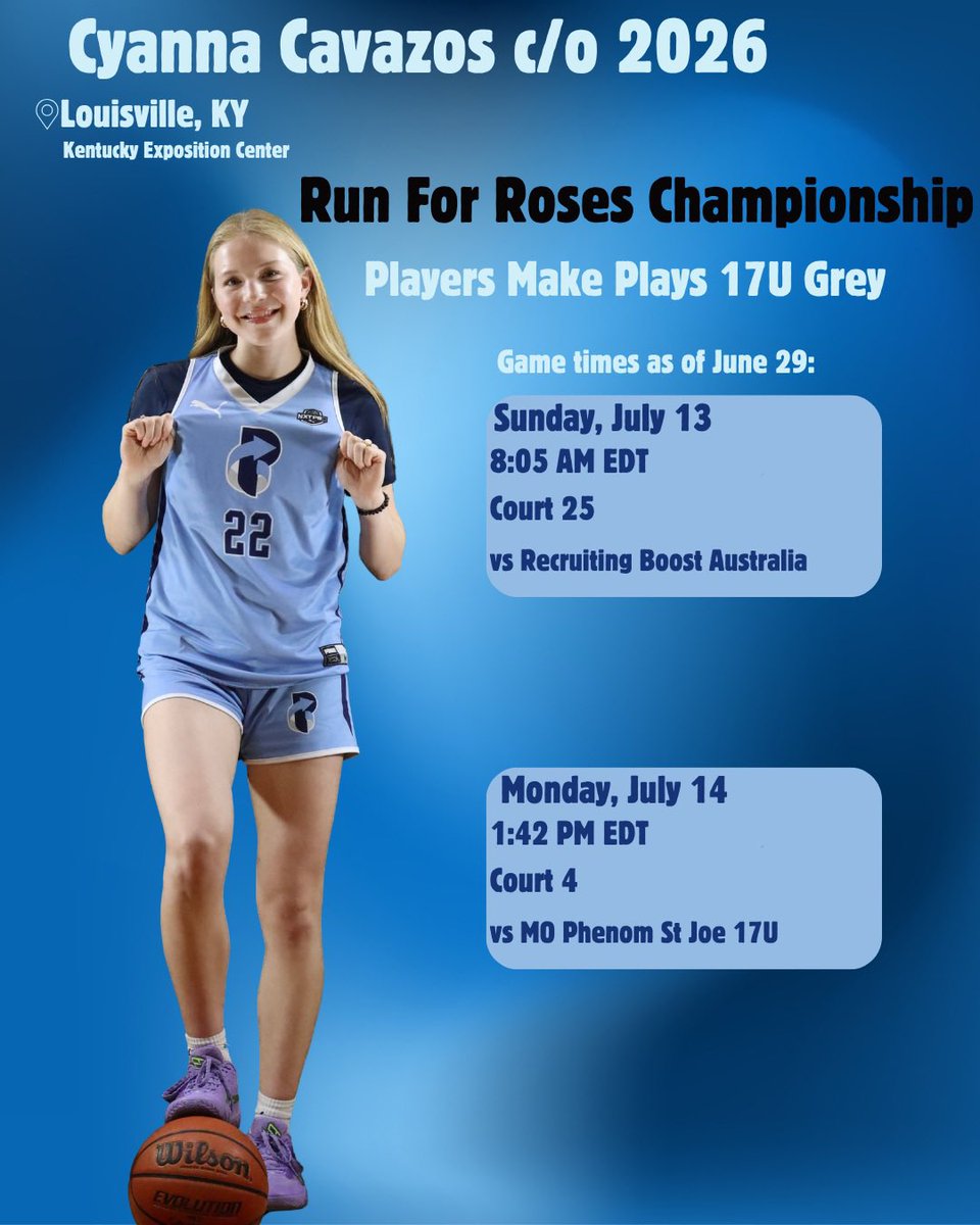 Cyanna Cavazos (@cyannacavazos) on Twitter photo July Schedule!! Very excited to play in these tournaments with my team!!
Run for Roses Classic
Run for Roses Championship
NXTPRO Puma Finals
<a href="/realcoachc4/">Coach C</a> <a href="/SV_LadyRangers/">Smithson Valley Girls Basketball</a> <a href="/pmpgirlsbball/">Players Make Plays (PMP) Girls Basketball</a> July Schedule!! Very excited to play in these tournaments with my team!!
Run for Roses Classic
Run for Roses Championship
NXTPRO Puma Finals
<a href="/realcoachc4/">Coach C</a> <a href="/SV_LadyRangers/">Smithson Valley Girls Basketball</a> <a href="/pmpgirlsbball/">Players Make Plays (PMP) Girls Basketball</a>