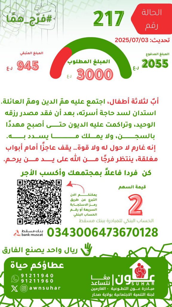 تحديث: ٣/ ٧/ ٢٠٢٥م
الحالة رقم :٢١٧
المبلغ المطلوب: ٣٠٠٠ ريال 
المبلغ المتبقي:  ٩٤٥ ريال
🌿 *غارم يستحق الوقوف معه*.
“*وفي أموالهم حقٌّ للسائل والمحروم*”
 🌿أبٌ لثلاثة أطفال، اجتمع عليه همّ الدين وهمّ العائلة.
استدان لسد حاجة أسرته، بعد أن فقد مصدر رزقه الوحيد، وتراكمت عليه الديون